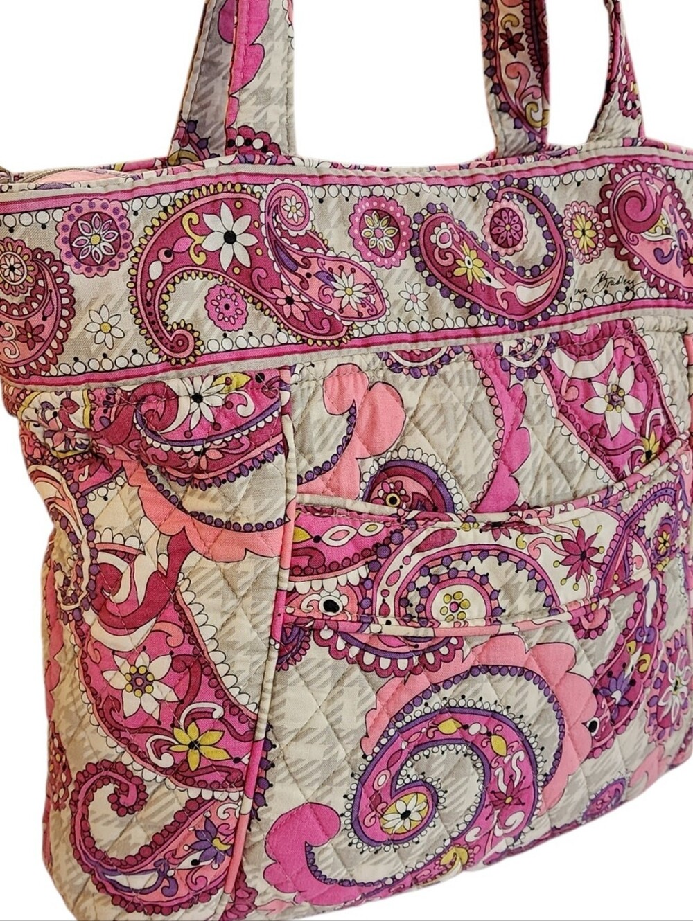 Vera Bradley Quilted Tote Shoulder Bag – Pink Paisley Floral Pattern 14" Wide - Picture 3 of 15